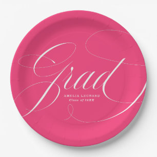 Elegant Grad Calligraphy Hot Pink Graduation Paper Plate