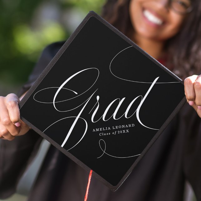 Elegant Grad Calligraphy Script Black and White Graduation Cap Topper (Creator Uploaded)