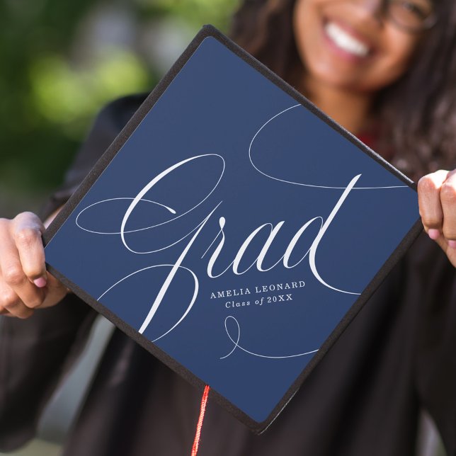 Elegant Grad Calligraphy Script Navy Graduation Cap Topper (Creator Uploaded)