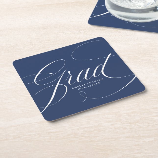 Elegant Grad Calligraphy Script Navy Graduation Square Paper Coaster (Angled)