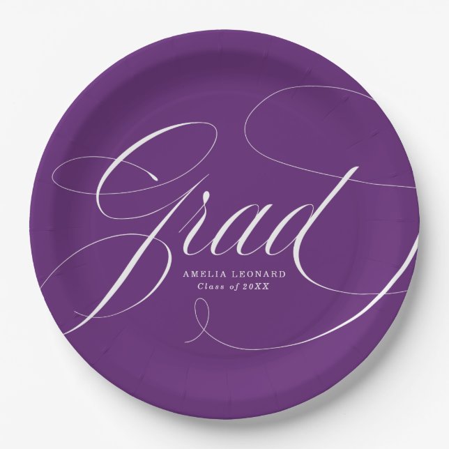 Elegant Grad Calligraphy Script Purple Graduation Paper Plate (Front)