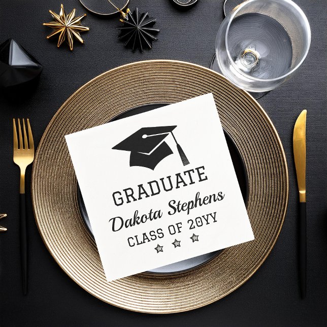 Elegant Grad Cap and Stars Graduate Class Year  Napkin (Black and White Grad Cap "GRADUATE" Graduation Name and Class Year Paper Napkins)