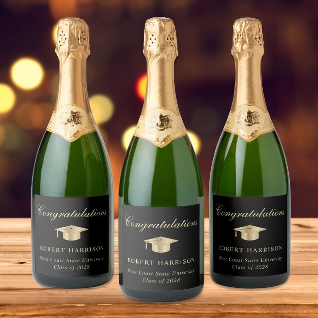 Elegant Grad Cap Black Gold Graduation Party Sparkling Wine Label (Creator Uploaded)