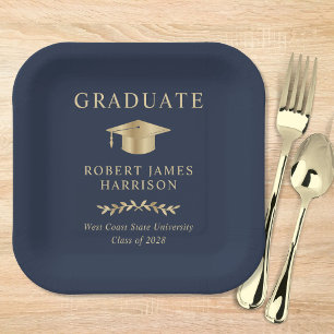 Elegant Grad Cap Blue Gold Graduation Party Paper Plate