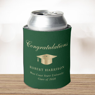 Elegant Grad Cap Green Gold Graduation Party Can Cooler