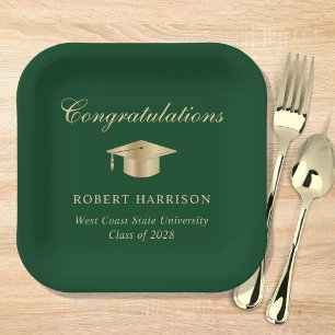 Elegant Grad Cap Green Gold Graduation Party Paper Plate