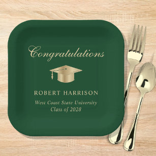 Elegant Grad Cap Green Gold Graduation Party Paper Plate