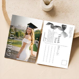 Elegant Grad Photo Black Bow Graduation Thank You Postcard