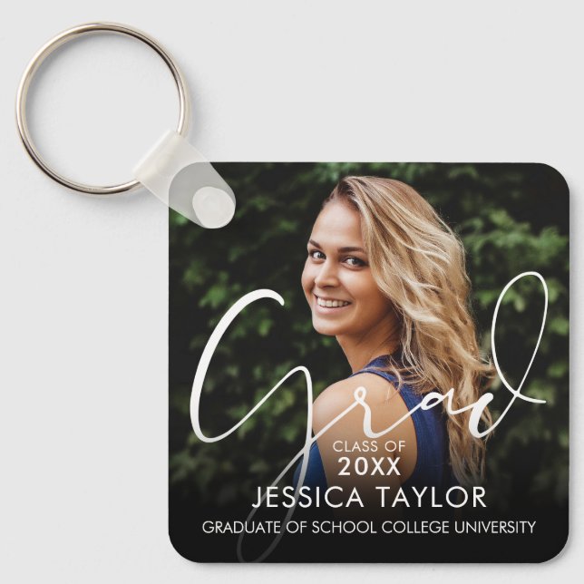 Elegant Grad Script Graduate Photo Keychain (Front)