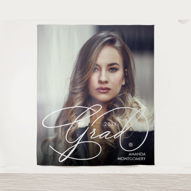 Elegant Grad Script Photo Graduation Party Tapestry (Front)