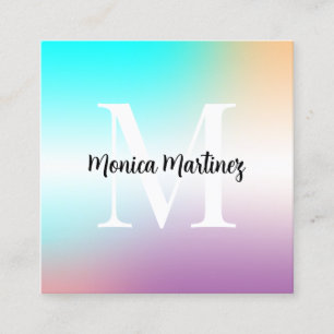 Elegant gradient blue, purple and peach monogram square business card