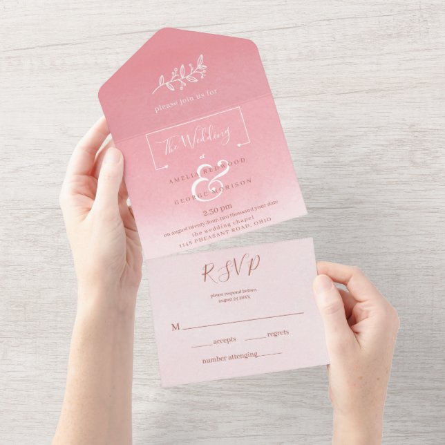Elegant Gradient Pink Background Wedding All In One Invitation (Tearaway)