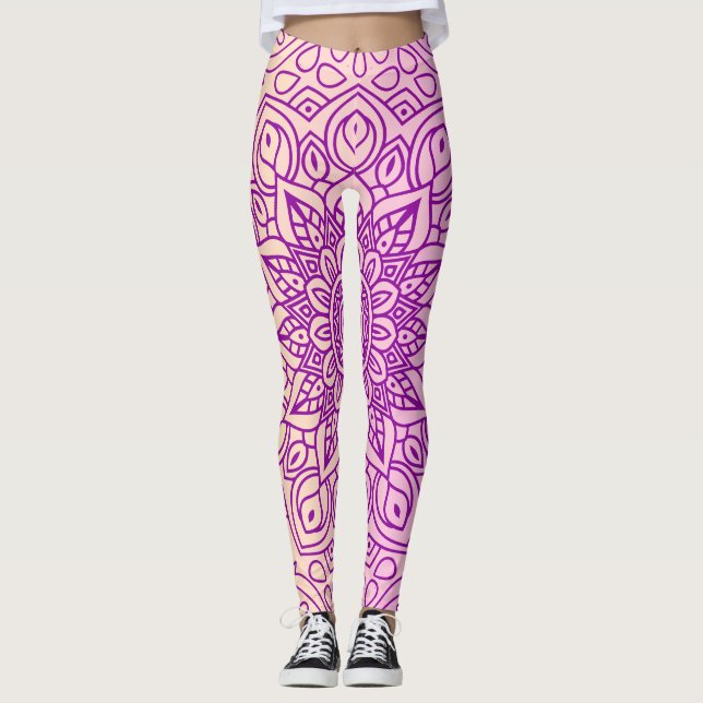 Elegant Gradient Purple Peach Mandala Pattern Leggings (Front)