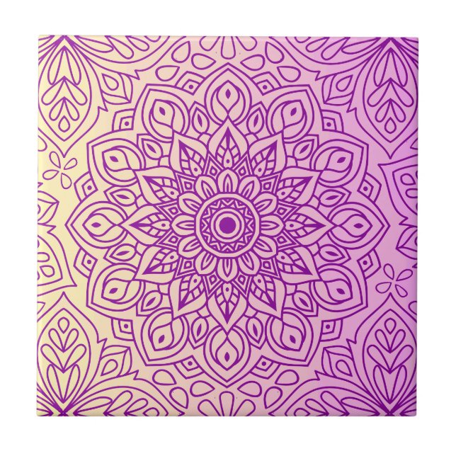Elegant Gradient Purple Peach Mandala Pattern Tile (Front)