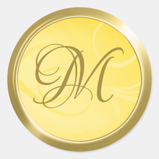 Elegant Gradient Swirls Monogram Gold Yellow Classic Round Sticker (Front)