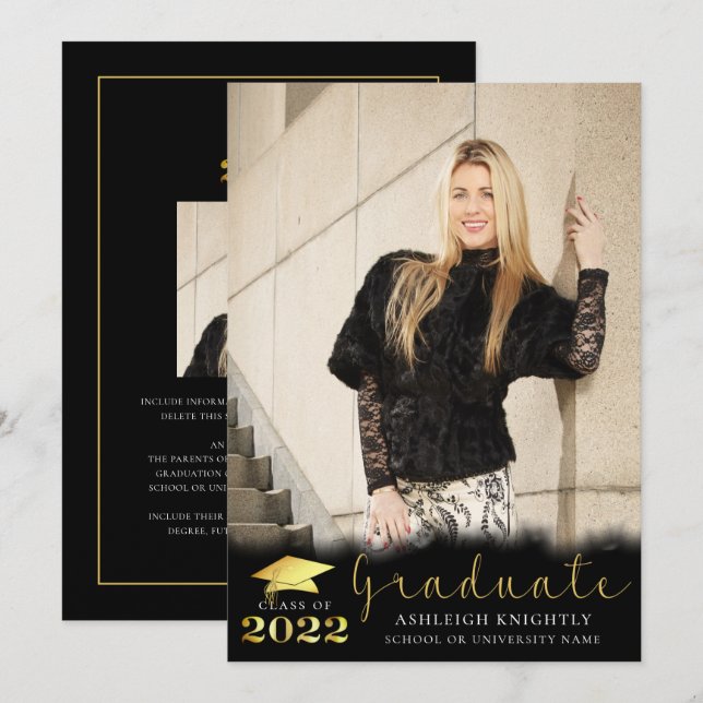 Elegant Graduate 2022 Black Gold Metallic 2 Photo Announcement (Front/Back)