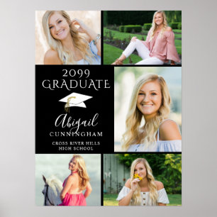 Elegant Graduate 5 Photo Collage Black White Poster