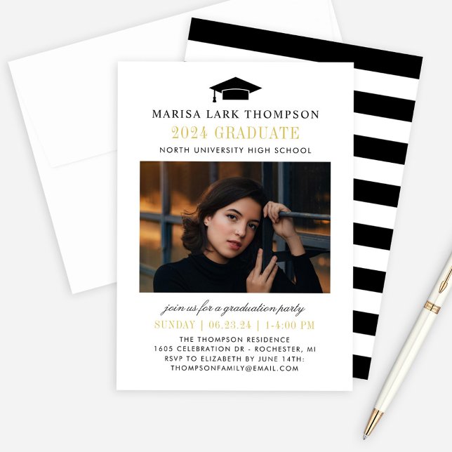 Elegant Graduate Black and Gold Photo Graduation Invitation (Creator Uploaded)