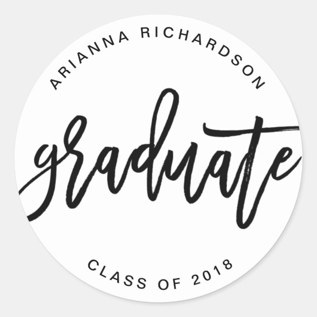 Elegant Graduate | Black and White Script Classic Round Sticker (Front)