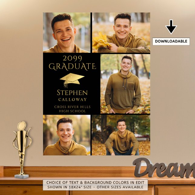 Elegant Graduate Black Gold 5 Photo Collage Poster (Creator Uploaded)