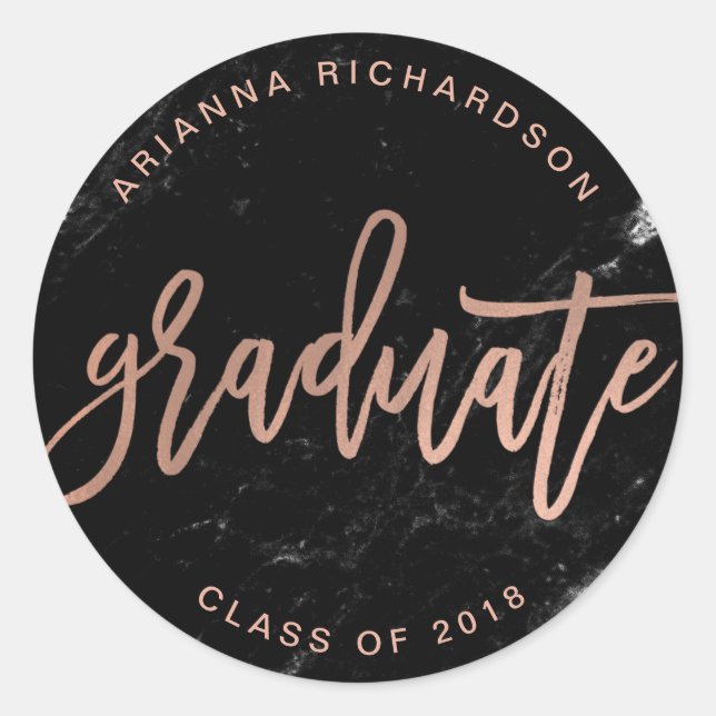 Elegant Graduate | Black Marble and Faux Rose Gold Classic Round Sticker (Front)