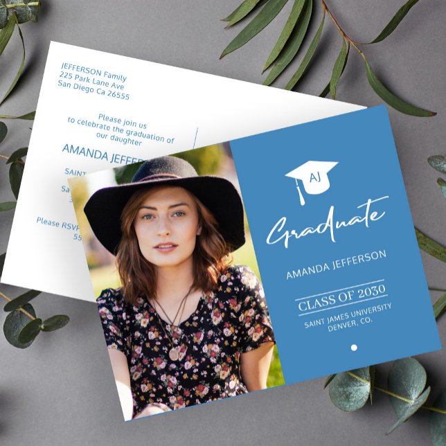 Elegant graduate blue  photo graduation invitation postcard (Creator Uploaded)