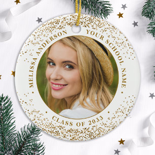 Elegant Graduate Custom 2 Photo Gold Graduation Ceramic Ornament
