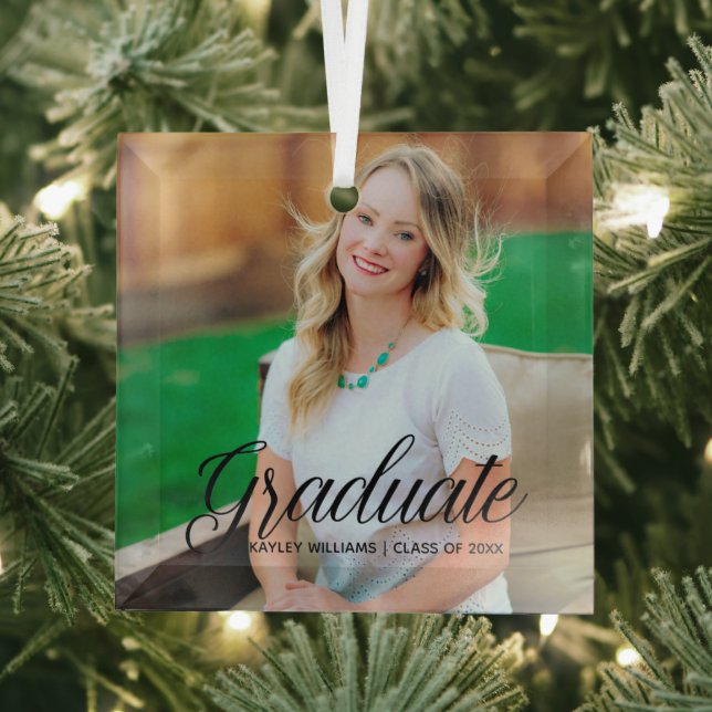 Elegant Graduate Custom Photo 2024 Graduation Glass Ornament (Insitu)