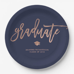 Elegant Graduate   Navy Blue and Faux Rose Gold Paper Plate