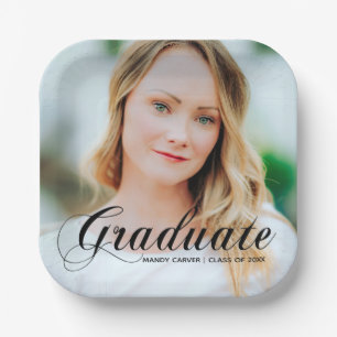 Elegant Graduate Photo Black Script Overlay Party Paper Plate