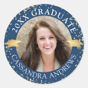 Elegant Graduate Photo Blue Gold Cap Classic Round Sticker