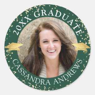 Elegant Graduate Photo Dark Green Gold Cap Classic Round Sticker