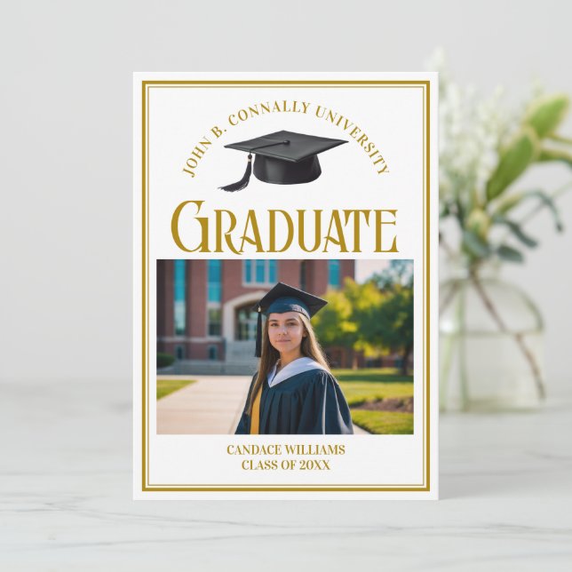 Elegant Graduate Photo Gold Typography Graduation Announcement (Standing Front)