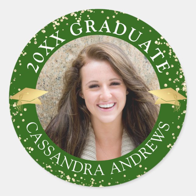 Elegant Graduate Photo Green Gold Cap Classic Round Sticker (Front)