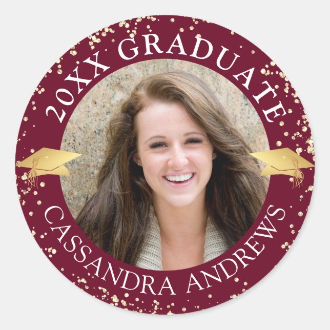 Elegant Graduate Photo Maroon Gold Cap Classic Round Sticker (Front)