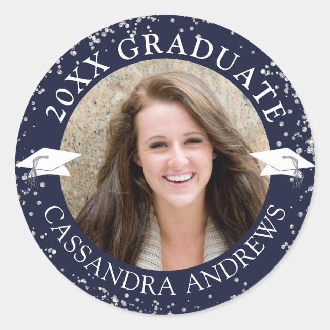 Elegant Graduate Photo Navy Blue Cap Confetti Classic Round Sticker (Front)