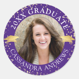Elegant Graduate Photo Purple Gold Cap Classic Round Sticker