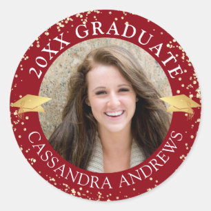 Elegant Graduate Photo Red Gold Cap Classic Round Sticker