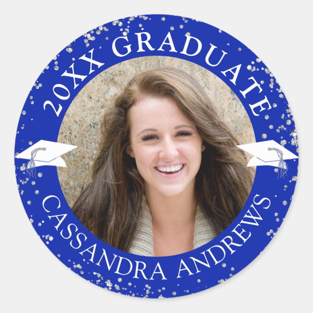 Elegant Graduate Photo Royal Blue Gold Cap Classic Round Sticker (Front)