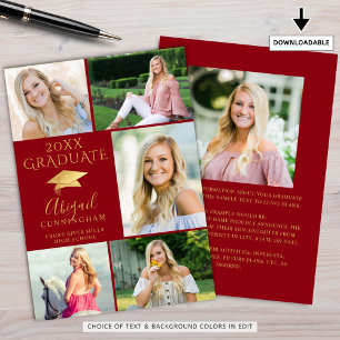 Elegant Graduate Red Gold 6 Photo Collage Announcement