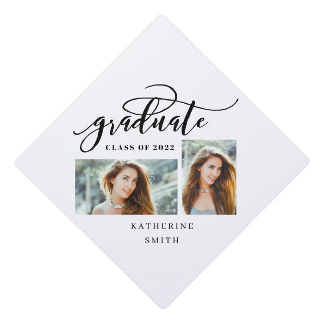 Elegant Graduate Script 2 Photo Collage Graduation Cap Topper (Front)