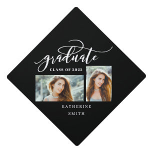 Elegant Graduate Script 2 Photo Collage Graduation Cap Topper