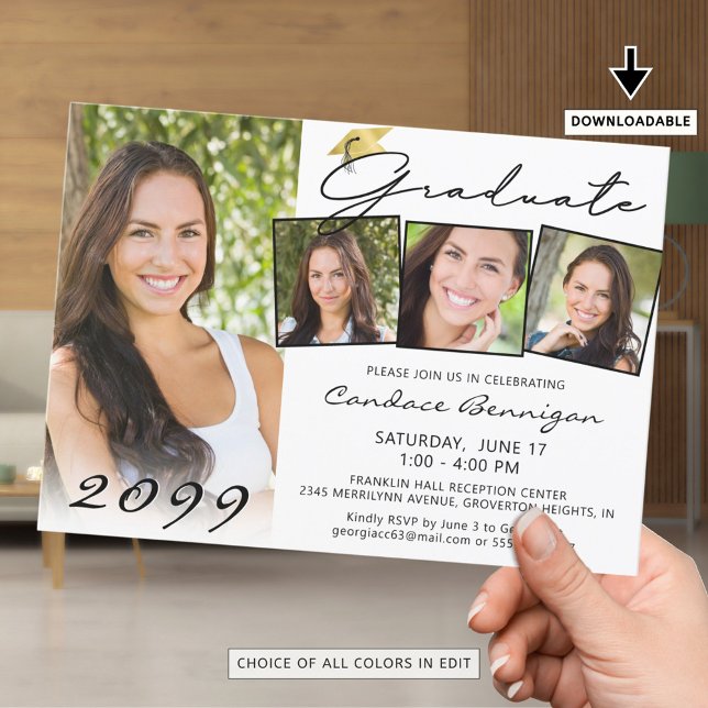 Elegant Graduate Script 4 Photo Gold Cap Invitation (Creator Uploaded)