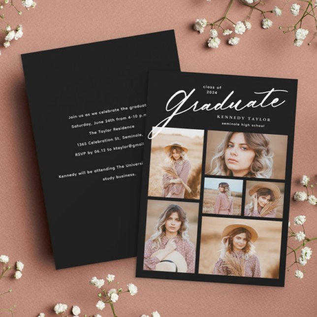 Elegant Graduate Script 6 photo collage Graduation Invitation (Elegant simple black and white 6 photo collage graduation invitation.)