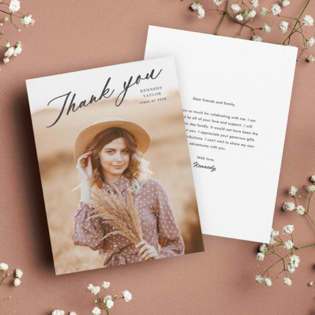 Elegant Graduate Script Photo Graduation Thank You Card (Elegant script photo graduation thank you card.)