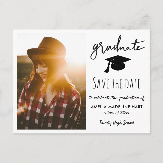 Elegant Graduate Script Save The Date Grad Photo  Announcement Postcard (Front)