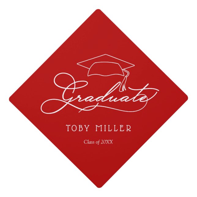 Elegant Graduate Script Scarlet Red Graduation Cap Topper (Front)