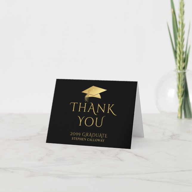 Elegant Graduate Thank You Black Faux Gold Cap (Front)