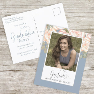 Elegant Graduate Watercolor Floral Chic Dusty Blue Postcard