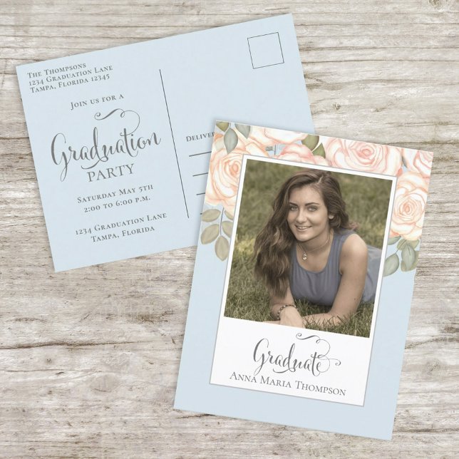 Elegant Graduate Watercolor Floral Chic Light Blue Postcard (Creator Uploaded)